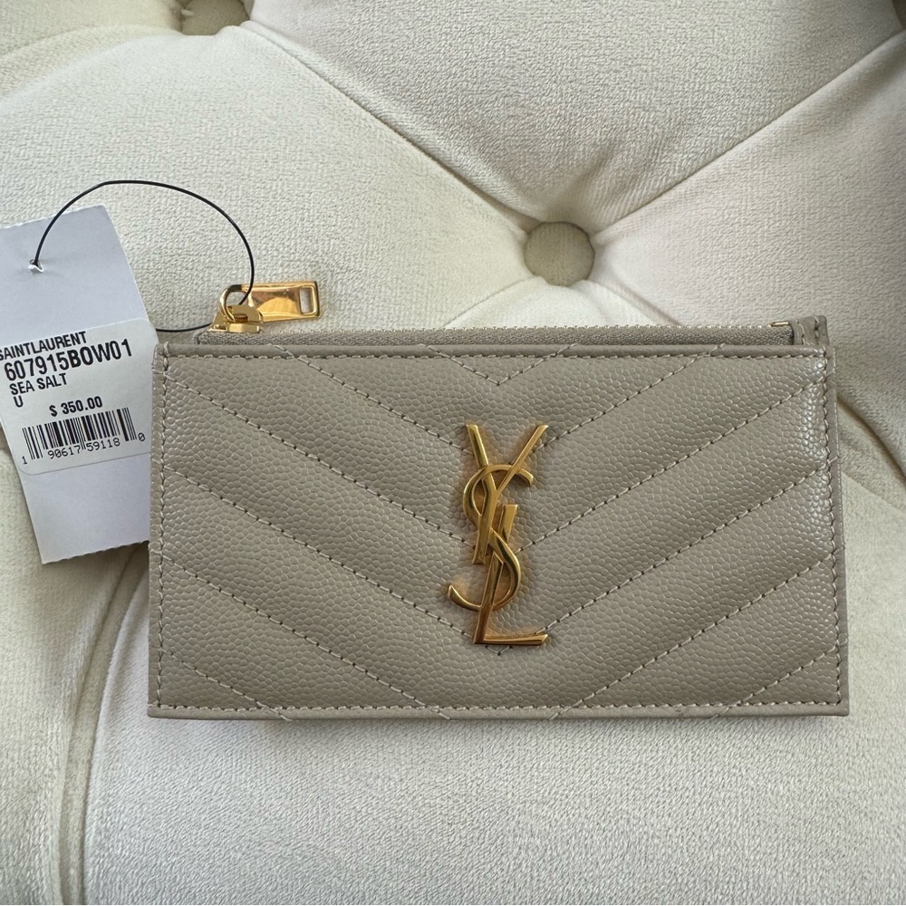 YSL Zipped Card Case Grain de Poudre Embossed Leather in Sea Salt Beige